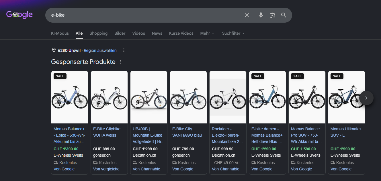 Screenshot von Google Shopping Ads für E-Bikes